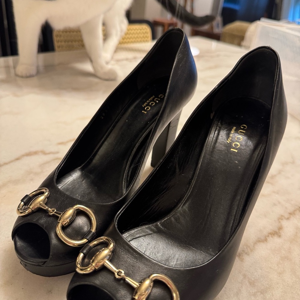 Gucci Horse Bit Platform Black Peep Toe Heels with Gold Hardware